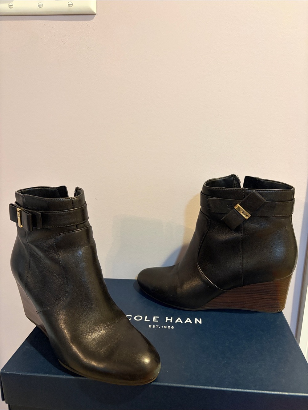 Cole Haan Black Leather Wedge Ankle Booties with Buckle Elsie BW BYE